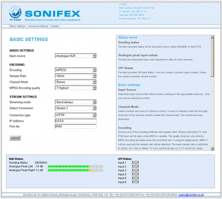 Sonifex PS-SEND Audio over IP Streaming Encoder